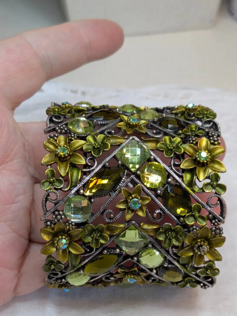 Vintage Enameled Green Rhinestone Floral Cuff Bracelet